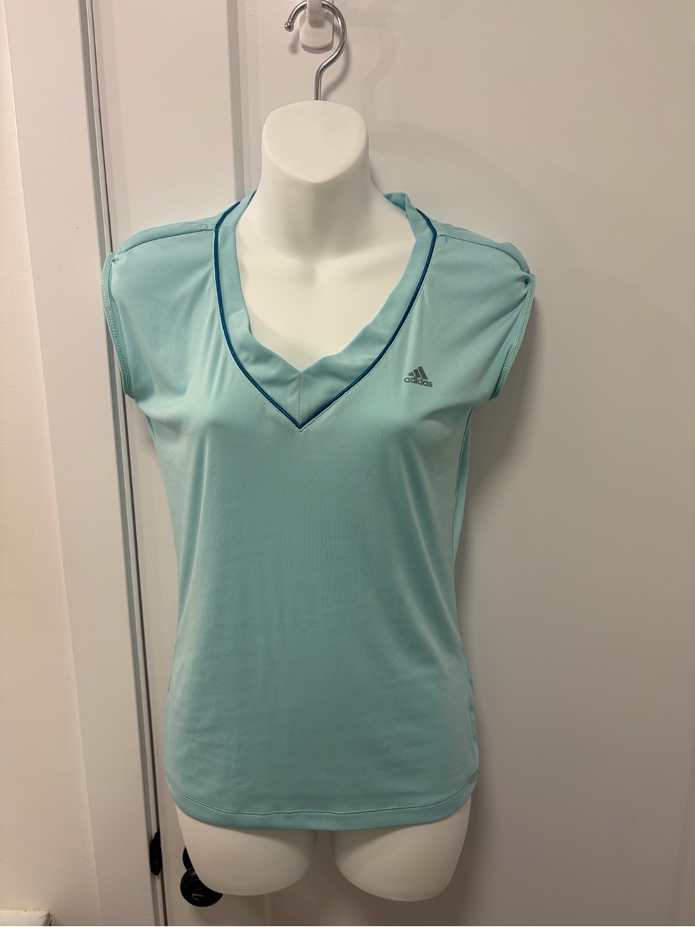 adidas Light Aqua V-Neck Short Sleeve Tee with Navy Trim